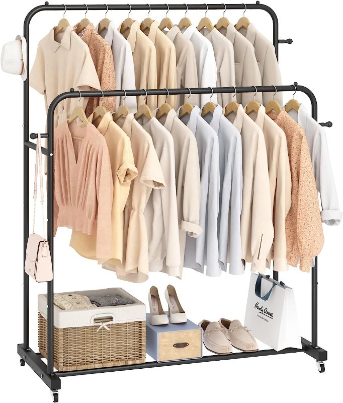 Photo 1 of Double Rods Garment Rack with Wheels, Clothing Rack for Hanging Clothes,4 Hooks, Multi-functional Bedroom Clothes Rack, Black
