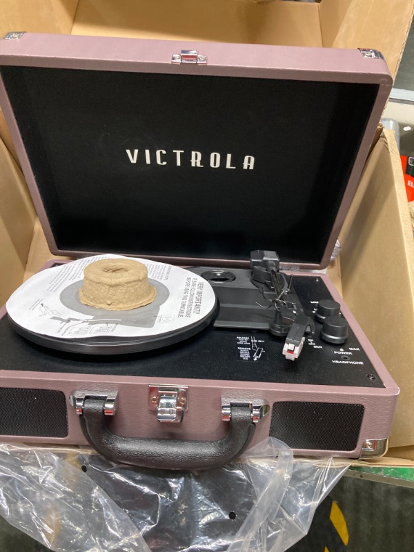 Photo 3 of ***DOES NOT HAVE CONNECTOR CABLE*** Victrola Vintage 3-Speed Bluetooth Portable Suitcase Record Player with Built-in Speakers | Upgraded Turntable Audio Sound| Includes Extra Stylus | Magenta, Model Number: VSC-550BT-MAG Magenta Record Player