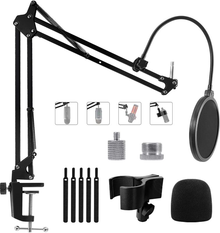 Photo 1 of Boom Arm Mic Stand for Blue Yeti, Yeti Nano, HyperX QuadCast, Snowball and Other Microphone, Adjustable Suspension Boom Arm Desk Stand with 3/8" to 5/8" 1/4" Screw, Pop Filter, Mic Clip, Cable Ties
