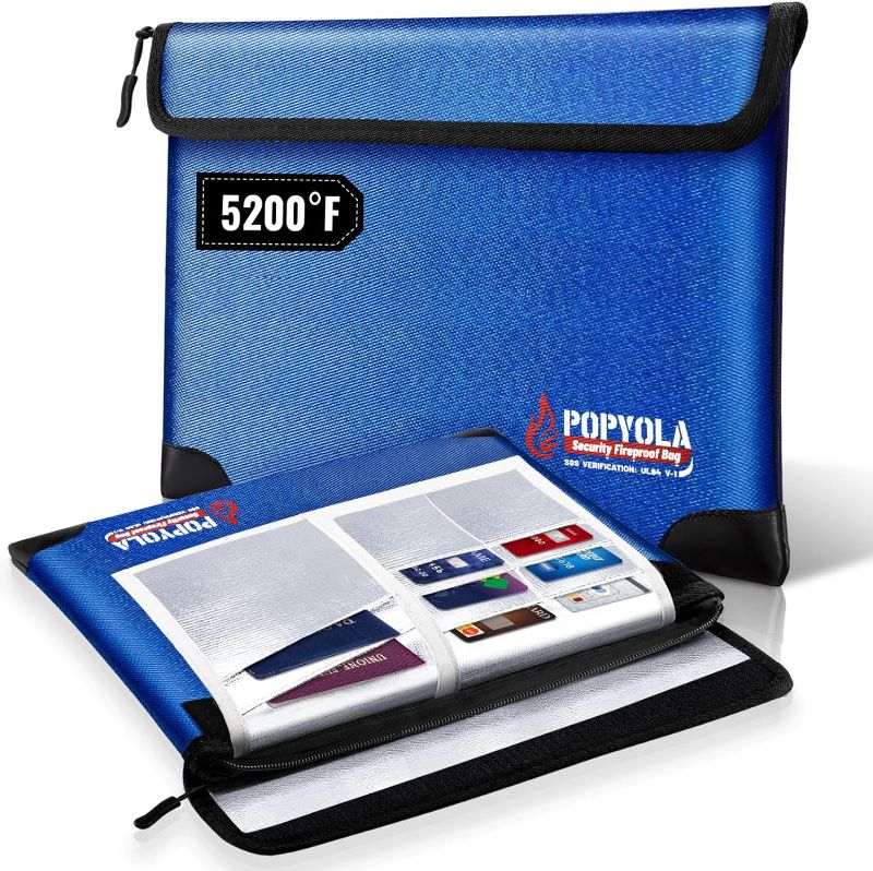 Photo 1 of POPYOLA Fireproof Document Bag, Upgraded 5200°F Fireproof Bag with Heat Insulated, 14”X 10.6” Waterproof Fireproof Money Bag for Cash with 8 Slots, Fire Proof Bag for Documents and Valuables (Blue)
