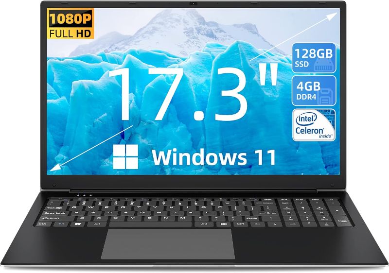 Photo 1 of 17 Inch Laptop, 4GB RAM 128GB SSD Computer, Windows 11 Laptops with IPS Display, Intel Celeron N4020 Dual-Core Processor(Up to 2.8GHz), Mini HDMI, Webcam, Dual Wi-Fi, 512GB Expansion
