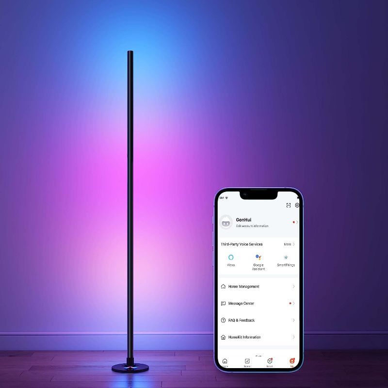 Photo 1 of Corner Floor Lamp, LED Smart Floor Lamp Compatible with Alexa, Color Changing Ambience Light with Music Sync, Modern Corner Lit Standing Lamp for Living Room Bedroom Gaming Room(Black)
