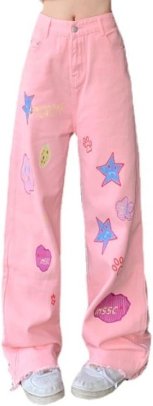 Photo 1 of Aesthetic Kawaii Pants Star Print Pants Straight Leg Jeans High Waisted Jeans Cute Clothes Y2k Jeans
