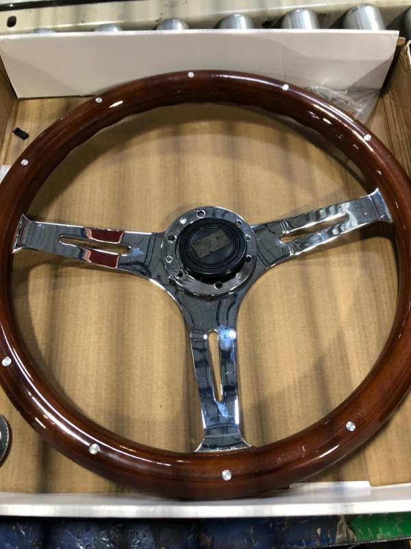 Photo 5 of 15" 6 Bolt Wood Grain Racing Rivet Steering Wheel Vintage Nostalgia Style Steering Wheel with Horn Buttons 15'' Rivet Style