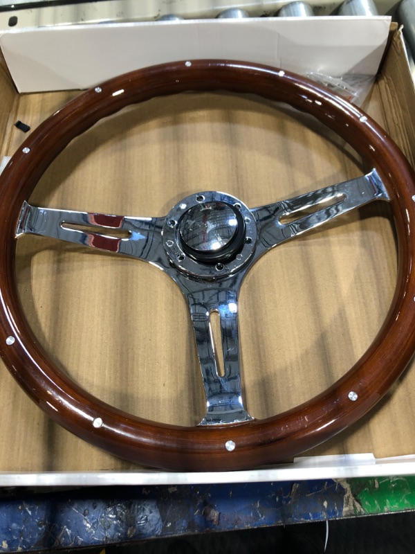 Photo 3 of 15" 6 Bolt Wood Grain Racing Rivet Steering Wheel Vintage Nostalgia Style Steering Wheel with Horn Buttons 15'' Rivet Style