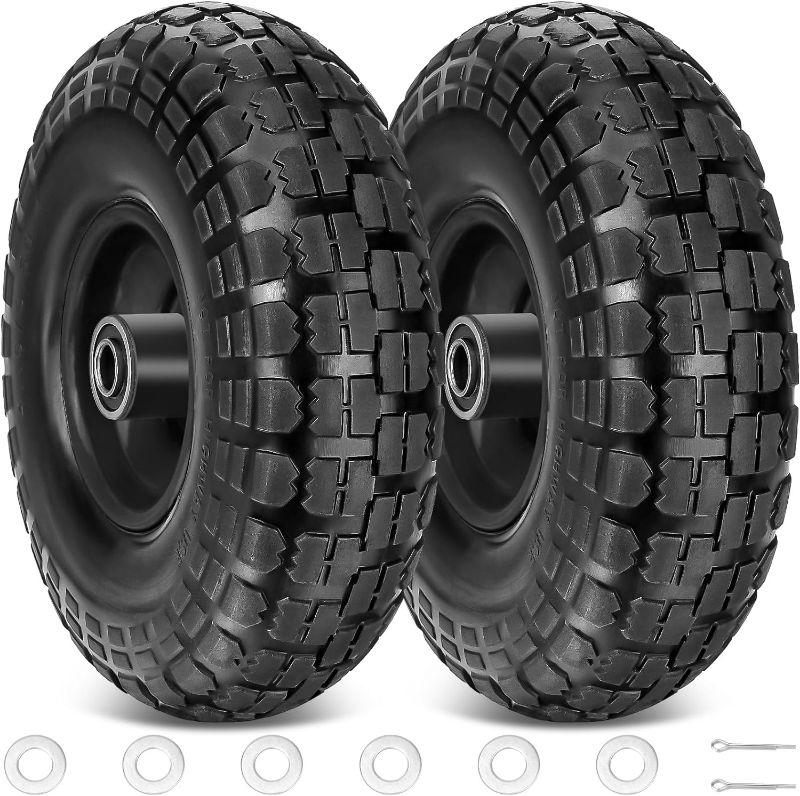 Photo 1 of TICONN 4.10/3.50-4" Tire and Wheel Flat Free, 2 Pack 10" Solid Rubber Tires with 5/8” Axle Bore Hole and Double Sealed Bearings, Perfect for Wheelbarrow, Garden Cart, Wagon, Dolly (Black, 2PK)
