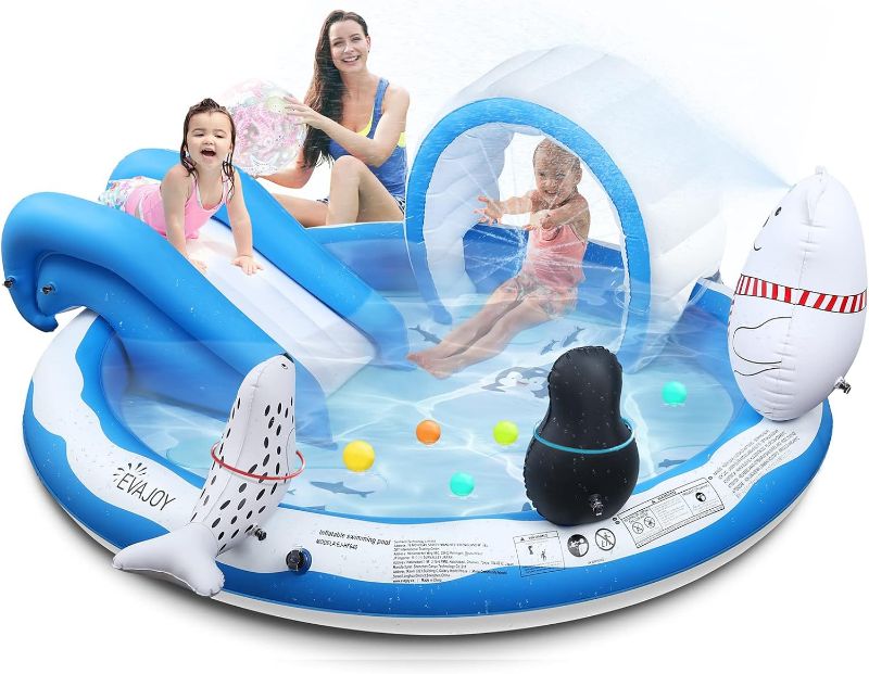 Photo 1 of Inflatable Play Center, EVAJOY Kiddie Pool with Slide for Children, Sprinkler, Ice & Snow Theme with Inflatable Dolls, Easy Setup for Garden, Backyard, Indoor Usage
