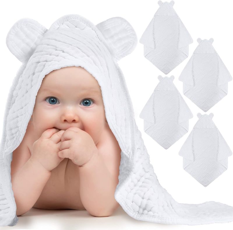 Photo 1 of Chumia 4 Pcs Baby Hooded Muslin Cotton Towel 32 x 32 Soft Baby Towels for Newborn, Babies, Infant and Toddler, Cute Essentials 6 Layers Washcloths Baby (White)
