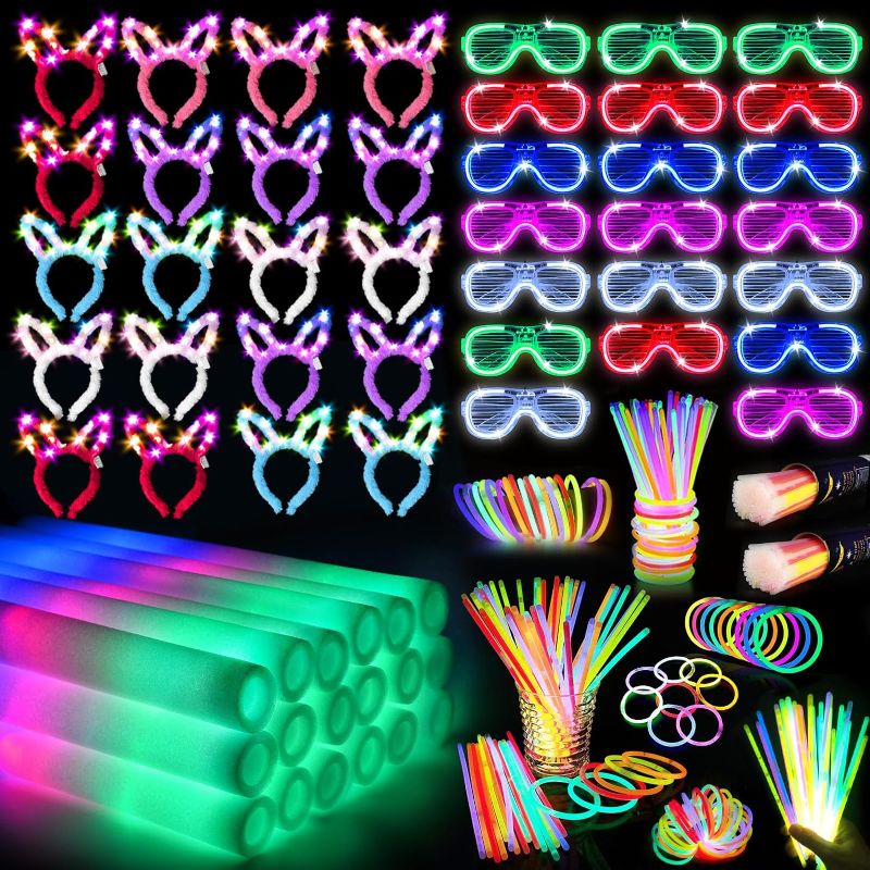 Photo 1 of 260PCS Glow in the Dark Party Supplies, Glow Sticks Glasses Favors, 20PCS Foam Glow Sticks, 20PCS LED Glasses, 20PCS Bunny Ear Headband and 200PCS Glow Sticks for Neon Party for Kids or Adults
