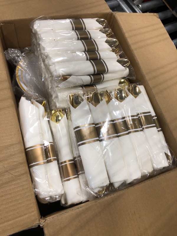 Photo 3 of 100 Pre Rolled Gold Plastic Silverware - 400pc Set, Service for 100 - Wrapped Disposable Silverware Set with Forks, Knives, Spoons, White Napkins - Fancy Decorative Flatware for Dinner, Party, Wedding 400 Piece (100 Guests) Gold