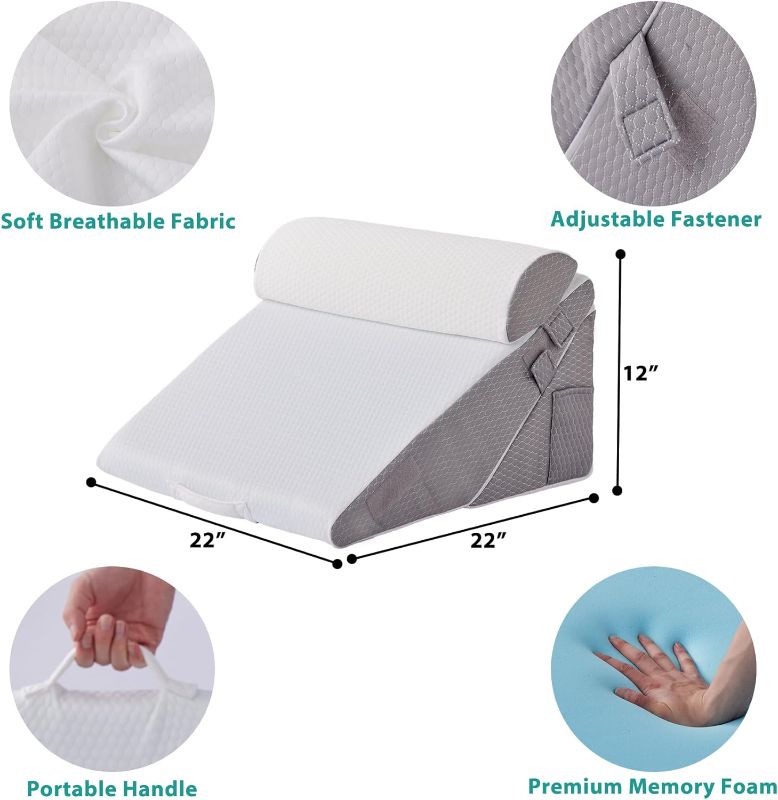 Photo 1 of  Orthopedic Bed Wedge Pillow Set, Foam Wedge Pillow Post Surgery for Back, Leg and Knee Support, Adjustable 9&12 Inch Folding Triangle Pillow for Sleeping, Acid Reflux, Snoring, White/Grey
