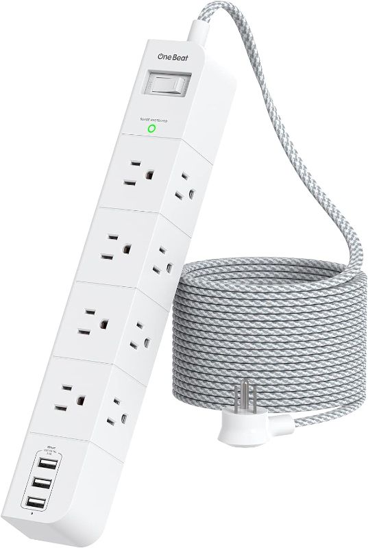 Photo 1 of 10 ft Extension Cord, Power Strip Surge Protector - 8 Widely AC Outlets 3 USB, Flat Plug, Desktop Charging Station with Overload Protection, Wall Mount for Home, Office, Travel, Computer ETL Listed
