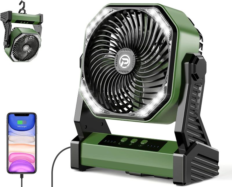 Photo 1 of 20000mAh Battery Operated Fan, Portable Rechargeable Desk/Camping Fan with Light and Hook, 270° Pivot 4 Speeds Battery Powered Outdoor Fan for Tent Car Trip Sleep Hurricane Power Outages…
