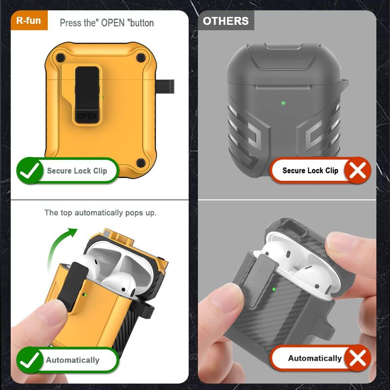 Photo 2 of R-fun AirPods 2nd Generation & 1st Generation with Automatic Secure Lock Clip, Hard Shell Full-Body Protective for Women Men with Apple AirPods Wireless Charging Case,Front LED Visible-Orange