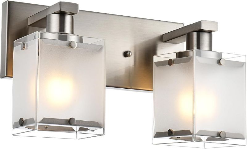 Photo 1 of 2-Lights Wall Sconce Lighting, Brushed Nickel Bathroom Vanity Light Fixture with Rectangular Frosted Glass for Over Mirror, E26 Bulb Base