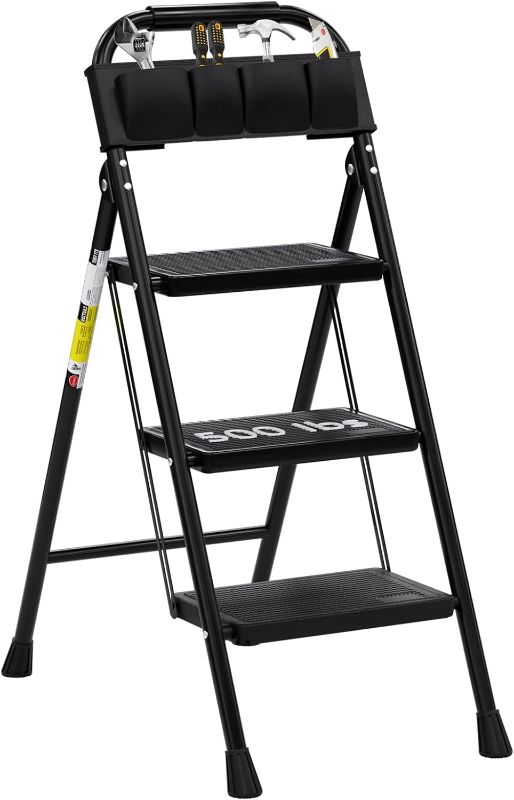 Photo 1 of 3 Step Ladder EFFIELER Folding Step Stool with Wide Anti-Slip Pedal, 500 lbs Sturdy Steel Ladder, Convenient Handgrip, Lightweight, Portable Steel Step Stool for Household, Kitchen
