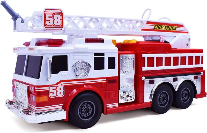 Photo 1 of Fire Truck Motorized with Lights, Siren Sound, Working Water Pump and Rotating Rescue Ladder- Electric, Motorized, Big Fun Size 15", Realistic Design- for Toddlers, Kids Aged 3+ Years Old
