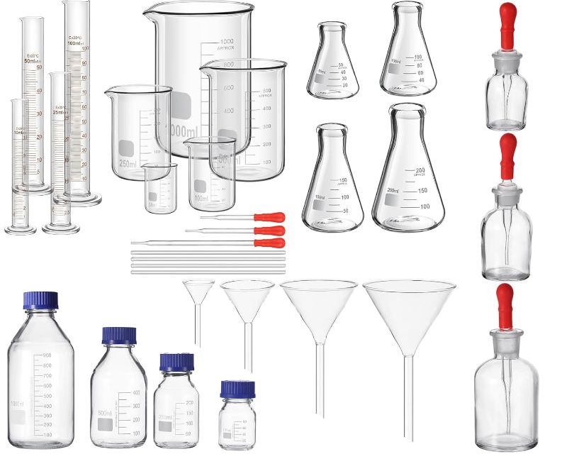 Photo 1 of 31 Pcs Lab Glassware Set Include Measuring Beakers Cylinders Erlenmeyer Flasks Dropper Bottle Media Bottles Glass Stirring Rods Dropper Funnels for Science Chemistry Equipment Supplies
