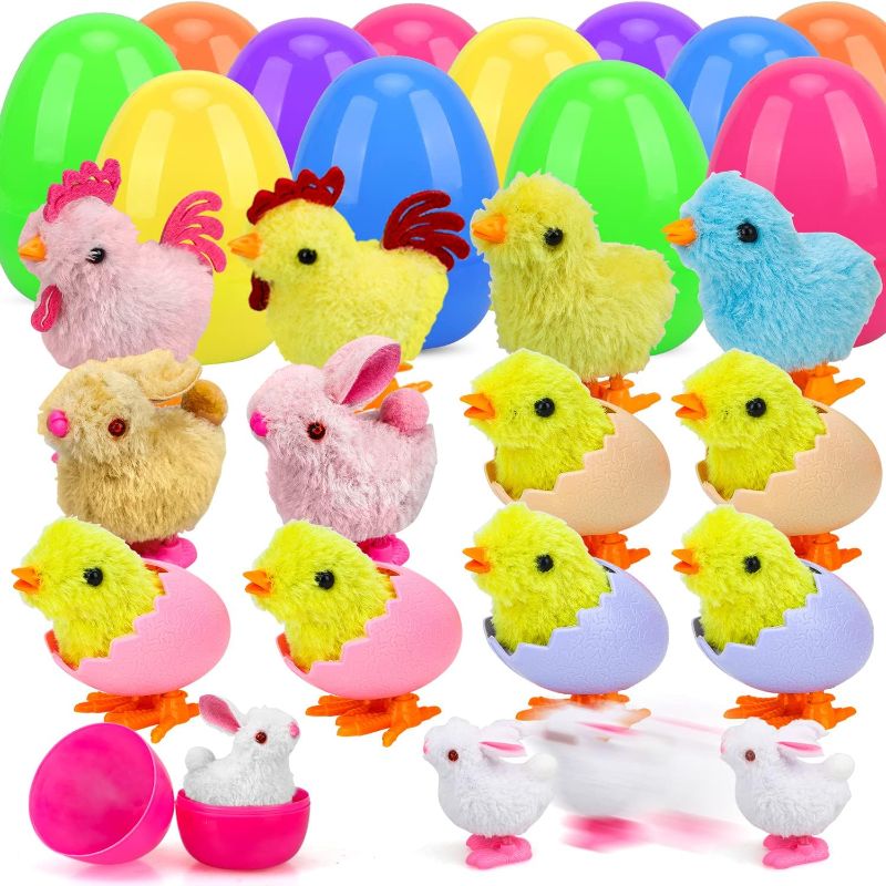 Photo 1 of 
TOY Life Easter Eggs 12 Packs Filled with Wind Up Chicks and Plush Bunnies, Plastic Easter Eggs Toys Inside, Easter Filler with Wind Up Toys, Eggs for Egg Hunts, Easter Basket Stuffers for Kid Toddler
