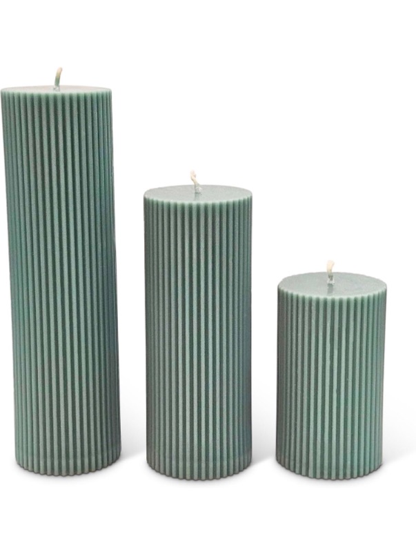 Photo 1 of 3 Piece Fluted Pillar Candle Set (Sage Green)