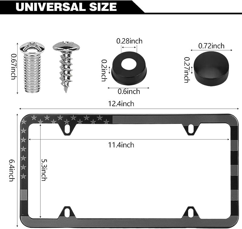 Photo 1 of American Flag License Plate Frames, Black Patriotic USA Car Plate Frame, Aluminum License Plate Holder with Free Screws Fasteners Caps and Tool