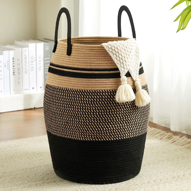 Photo 1 of 105L Extra Large Laundry Hamper Basket by Fiona's magic, Woven Tall Clothes Hamper for Storage Blanket, Toys and Dirty Cothes in Bedroom and Living Room Organizer, Brown & Black Brown & Black 105L