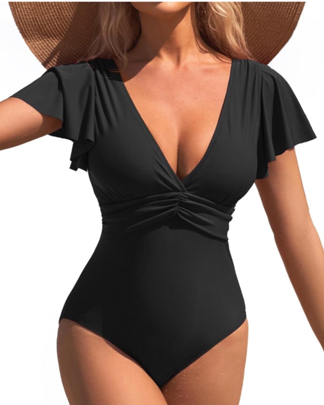 Photo 1 of Charmo Women's Tummy Control Swimsuit One Piece Full Coverage Bathing Suit V Neck Retro Ruffle Swimwear