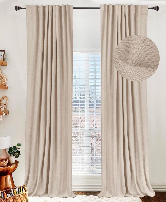 Photo 1 of 100% Blackout Shield Linen Blackout Curtains for Bedroom 108 Inches Long,Back Tab/Rod Pocket Living Room Drapes,Thermal Insulated Textured Blackout Curtains 2 Panels Set,50" W x 108" L,Oatmeal
