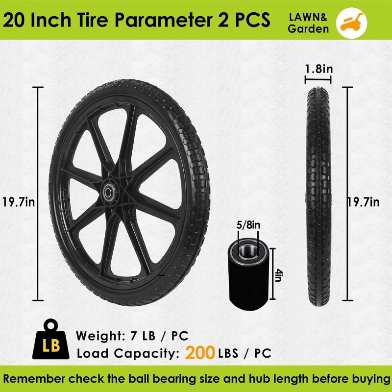 Photo 1 of 1 Pc 20" Flat Free Tires PU Non-inflated Tire Wheels, 20x2 Inch Tire with Bearing, Hub for Wheelbarrow, Carts, Garden Trailers
