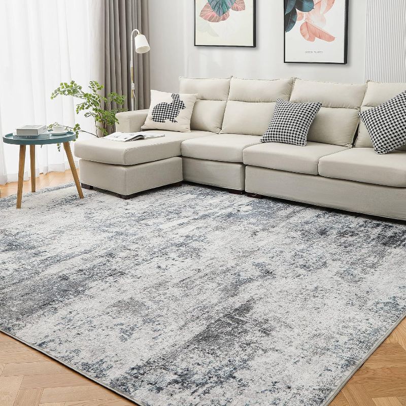 Photo 1 of Area Rug Living Room Rugs: 8x10 Indoor Abstract Soft Fluffy Pile Large Carpet with Low Shaggy for Bedroom Dining Room Home Office Decor Under Kitchen Table Washable - Gray/Blue
