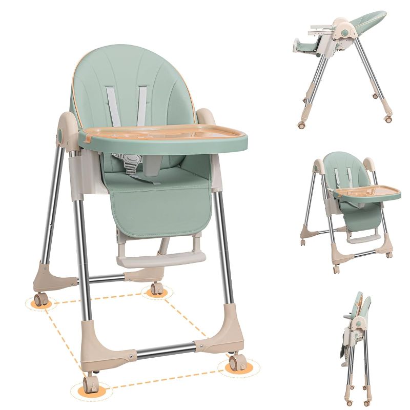 Photo 1 of Baby High Chairs for Babies and Toddlers with Adjustable Backrest/Footrest/Seat Height,Foldable High Chair with 4 Wheels, Toddler High Chair with Double Removable Tray, Baby Feeding Chair Bearing 50KG
