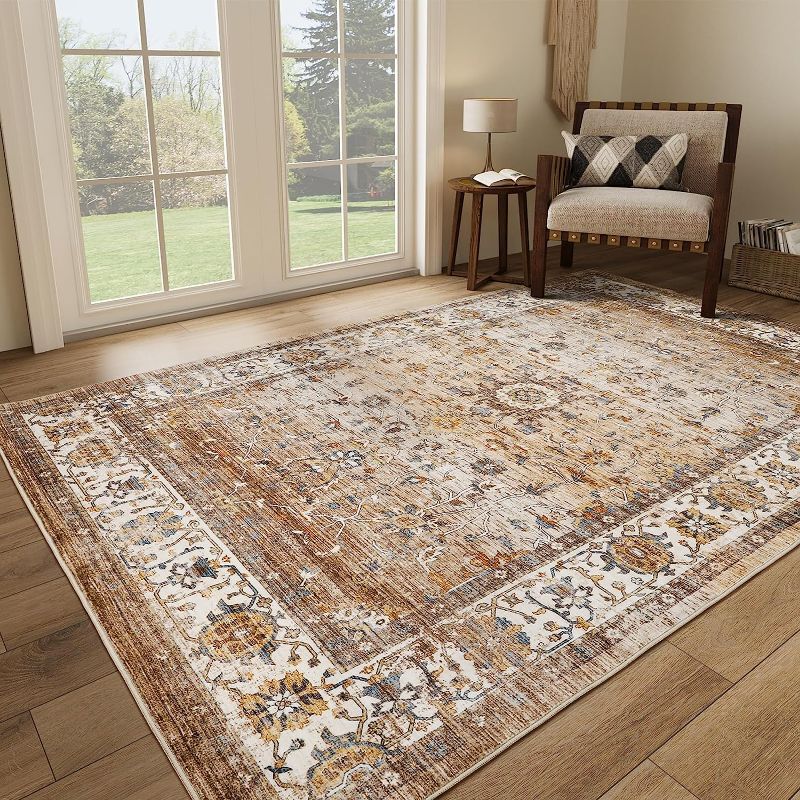 Photo 1 of 9x12 Area Rug,Ultra-Thin Washable Rugs for Living Room,Non-Slip Lightweight Foldable Area Rug,Stain Resistant Vintage Large Rugs (Apricot/Blue, 9'x12')