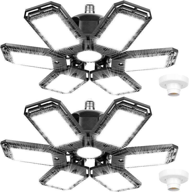 Photo 1 of 2 Pack LED Garage Lights 180W Deformable 18000LM Close to Ceiling Light Fixtures E26 E27 Screw-in Six Leaf Glow Lighting, Ultra Bright LED Shop Light with 6 Adjustable Panels for Work Shop Warehouse