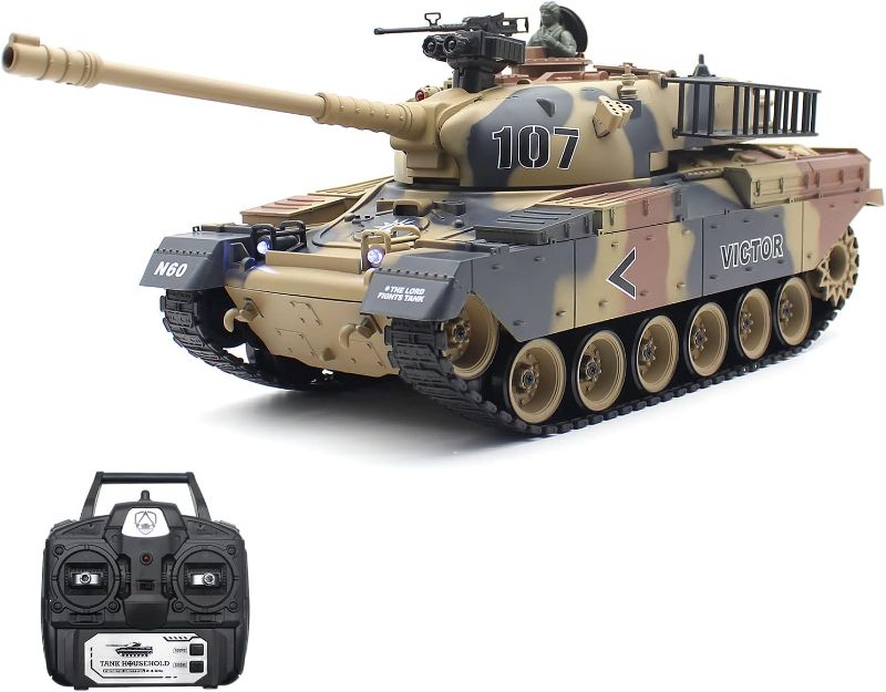 Photo 1 of Leopmase Remote Control Tank, 2.4Ghz 15 Channel 1/18 M60 Main Battle RC Tank Two Rechargeable Batteries That Shoot Airsoft RC Army Military Vehicle Toys for Adults & Kids