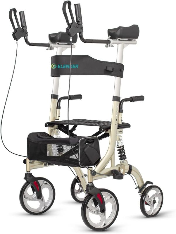 Photo 1 of ELENKER Upright Rollator Walker, Stand Up Rollator Walker with Shock Absorber, 10” Front Wheels and Carrying Pouch, Suitable for Outdoor, Champagne
