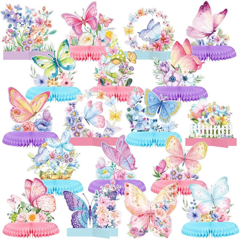 Photo 1 of 18 Pcs Butterfly Honeycomb Centerpieces for Tables Butterfily Birthday Party Decorations Butterfly Honeycomb Table Centerpiece Butterfly Theme Party Supplies for Birthday Baby Shower Party Decor
