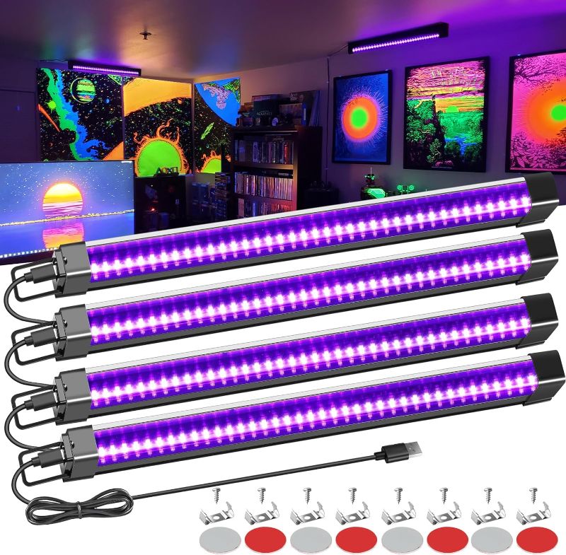 Photo 1 of 4 Pcs LED Black Light Bar, 15W 1.3ft USB Blacklight Strip Light for Glow Party, Magnetic Black Light Strip Tube, Portable LED Black Light for Fluorescent Tapestry Poster Body Paint Christmas Cabinet
