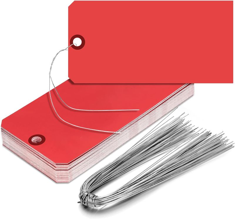 Photo 1 of 200 Pieces Shipping Tags with Wires Blank Tags Manila Tags 4 3/4" x 2 3/8" Paper Hang Tags for Inventory Luggage Garage Hanging Items(Red)
