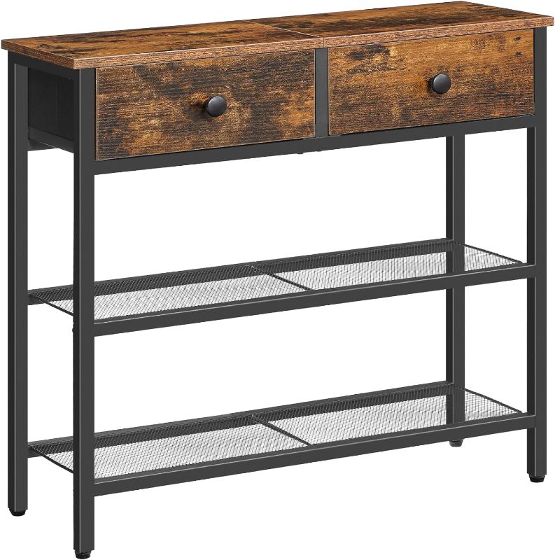 Photo 1 of 29.5" Narrow Console Table with 2 Fabric Drawers, Small Entryway Table with 2-Tier Storage Shelves, Thin Sofa Table, Side Table, for Living Room, Hallway, Rustic Brown and Black BF71XG01