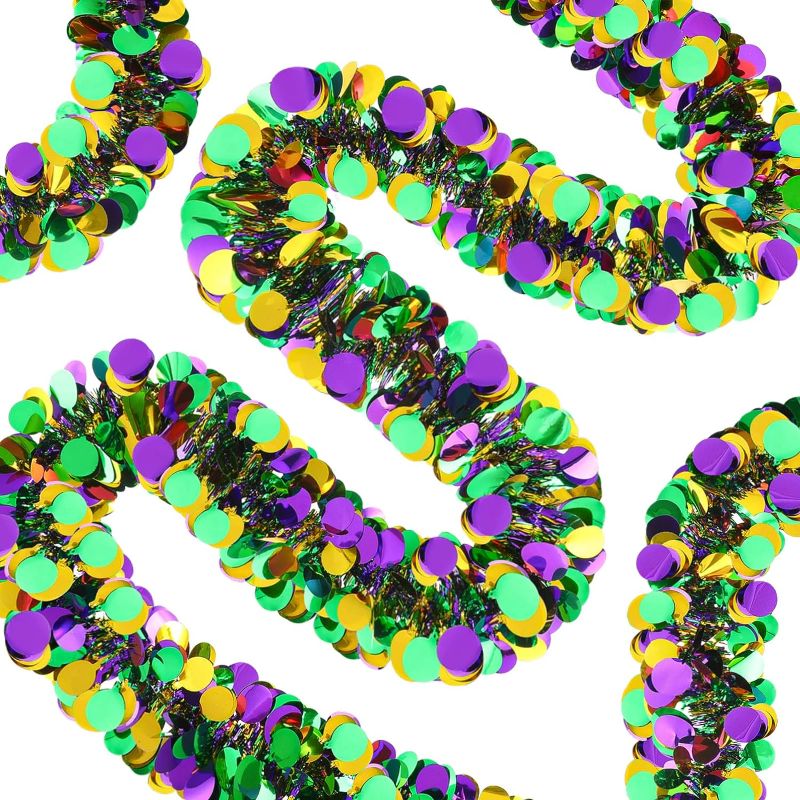 Photo 1 of 26.2 Ft Mardi Gras Tinsel Garland Mardi Gras Hanging Decoration Metallic Mardi Gras Garland Shiny Mardi Gras Tree Ornaments for Carnival Party Indoor Outdoor Decoration (Classic Style)
