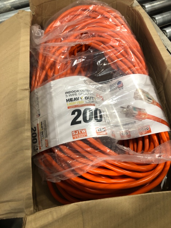 Photo 2 of 200ft Power Extension Cord Outdoor & Indoor - Waterproof Electric Drop Cord Cable - 3 Prong SJTW, 12 Gauge, 8 AMP, 125 Volts, 1000 Watts, 12/3 by LifeSupplyUSA - Orange (1 Pack) 200 FT 1 Pack Orange