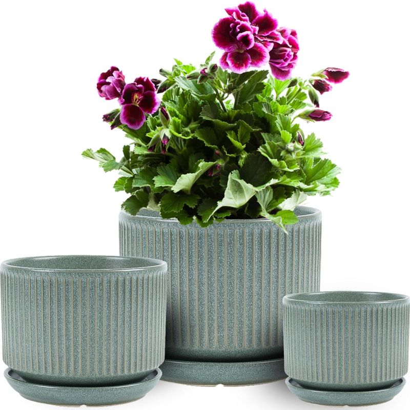 Photo 1 of "SIMILAR ITEM" Ceramic Plant Pots with Drainage Hole and Saucer, Set of 3, 4.3+5.5+6.7 Inch Stripe Garden Planter Pots for Outdoor Indoor Succulent Orchid Plants Flower, Gifts for Mom, Reactive Glaze Green