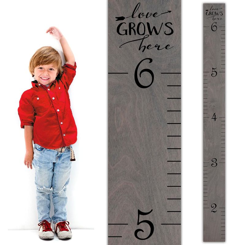 Photo 1 of " Headwaters Studio Wooden Ruler Growth Chart for Kids, Boys & Girls - Height Chart & Height Measurement for Wall - Kids Nursery Wall Decor & Room Hanging Wall Decor - Love Grows Here - Gray" Love Grows Gray