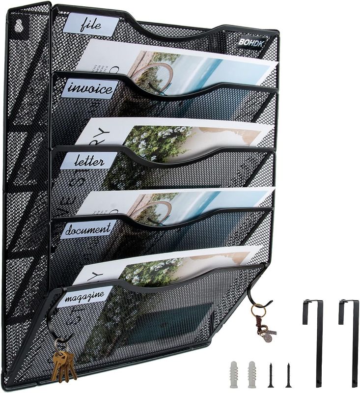 Photo 1 of Wall File Organizer, 5 Tire Hanging File Folder Organizer, Vertical Mesh Metal Door/Wall Mount Hanging File Holder, Paper Document Magazine Rack with Hooks for Home Office Black