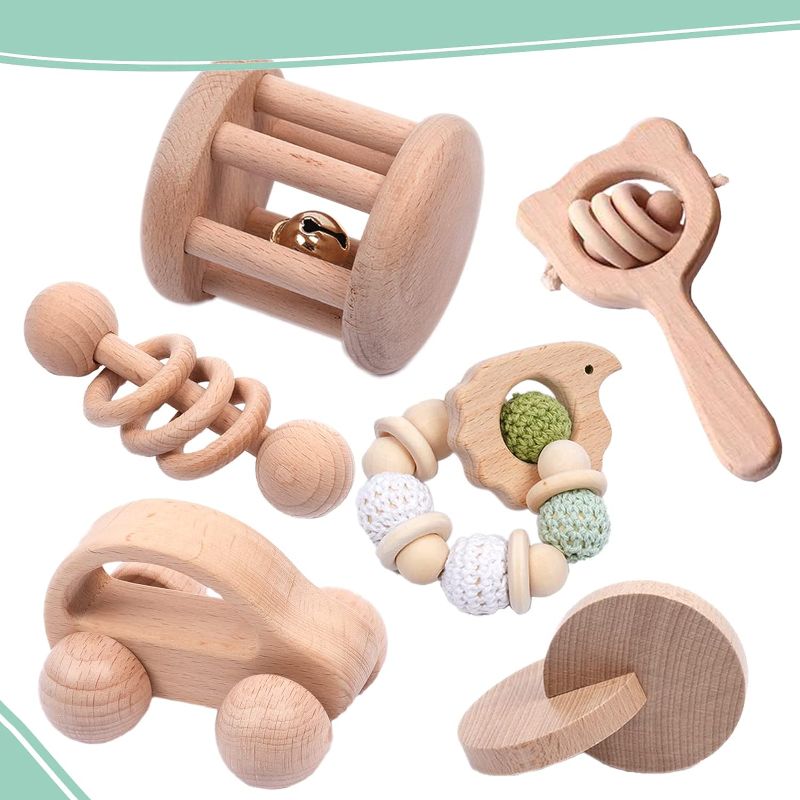 Photo 1 of 6 Pieces Toy Set- Wooden Baby Toys for Babies 0-6 Months,Wooden Toys for Babies Rattles with Bells,Wooden Rattles Push Car,Wood Rattle Toys Gifts for Boys Girls,Montessori Toys for Babies 0-6 Months
