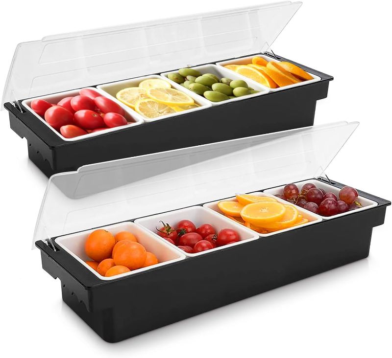 Photo 1 of 2 Pack Condiment Serving Container - Ice-Cooled, 4 Compartments - Ideal for Fruits, Ice Cream, Salad Bar Toppings - Restaurant Quality Plastic Caddy with Lid