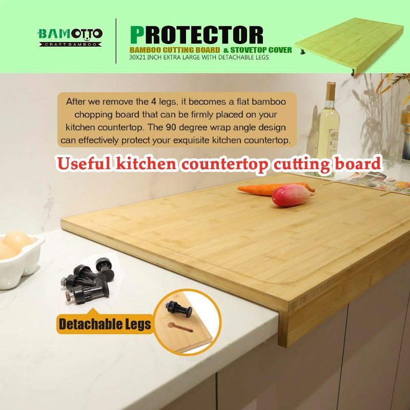 Photo 1 of 30 x 21 in Extra Large Bamboo Cutting Board and Stovetop Cover, Stove Top Cover Chopping Board with Detachable Legs and Juice Groove, Protector Board for Restaurant Kitchen Counter & Sink