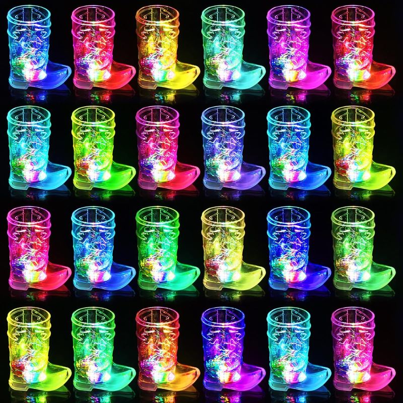 Photo 1 of 24 Pack Cowboy Boot Shot Glass Light Up Plastic Shot Glasses 1.5 oz Flashing Shot Cups with Detachable Soles, Party Decorations Bachelorette Party Favors Cowgirl Decorations for Birthday Wedding etc
