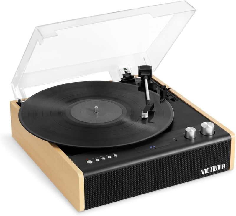 Photo 1 of Victrola Eastwood 3-Speed Bluetooth Turntable with Built-in Speakers and Dust Cover | Upgraded Turntable Audio Sound | Black (VTA-72-BAM) & Victrola Wooden Stand for Wooden Music Centers Bamboo Record Player + Stand