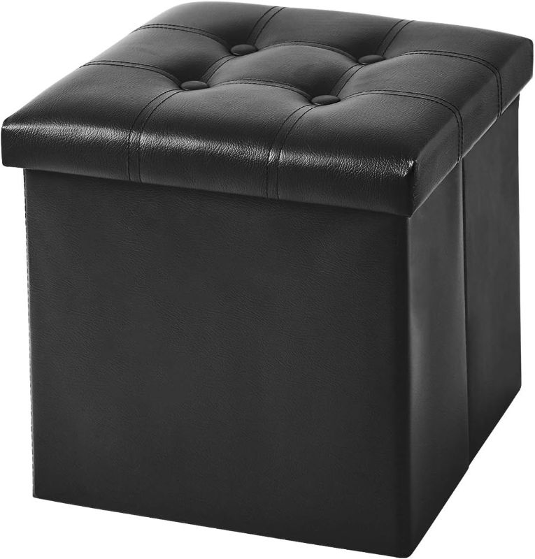 Photo 1 of 15 inches Folding Storage Ottoman, Cube Storage Boxes Footrest Stool, Small Ottomans with Foam Padded Seat, Support 300lbs (Black, Leather)
